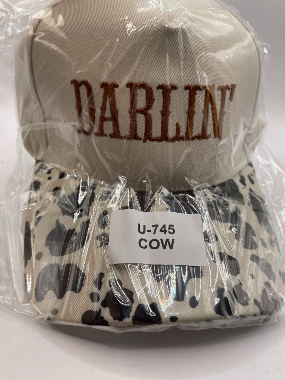Zenana Outfitters Cream and Cow Print "DARLIN'" Baseball Cap